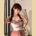 Lettering Cropped Halter Top / Cardigan / Bow Hair Tie / Set