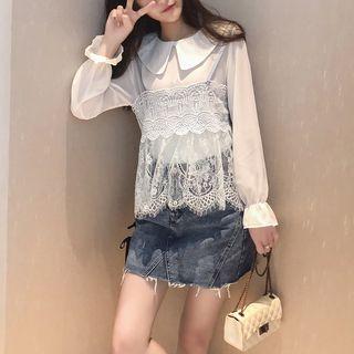 Set: Long-sleeve Collared Top + Spaghetti Strap Lace Top
