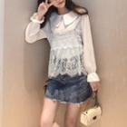 Set: Long-sleeve Collared Top + Spaghetti Strap Lace Top