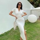 Short-sleeve Polo-neck Midi Knit Sheath Dress