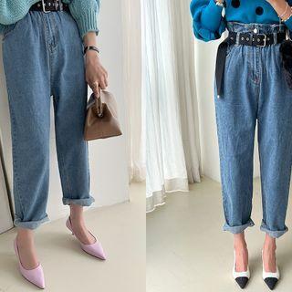 Paperbag-waist Jeans With Belt Blue - One Size