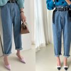 Paperbag-waist Jeans With Belt Blue - One Size