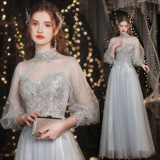 3/4-sleeve Sequin Mesh Evening Gown