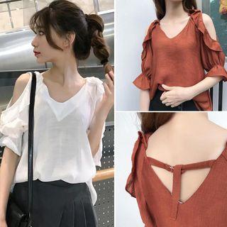 Short-sleeve Frill Trim Cold Shoulder Top