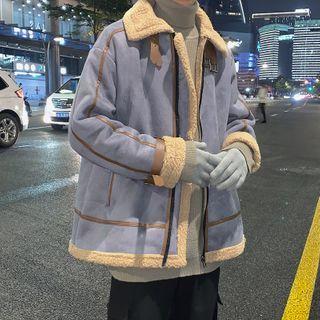 Contrast Trim Faux Shearling Panel Coat