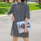 Striped Elbow-sleeve Mini T-shirt Dress Black - One Size