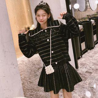 Set: Peter Pan-collar Plaid Tweed Cardigan + High-waist Tweed Plaid Skirt