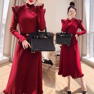 Ruffled Midi Knit Dress Red - One Size