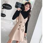 Long-sleeve Lettering Knit Top / Double-breasted Pinafore Dress