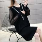 Mesh-sleeve Knit Dress Black - One Size