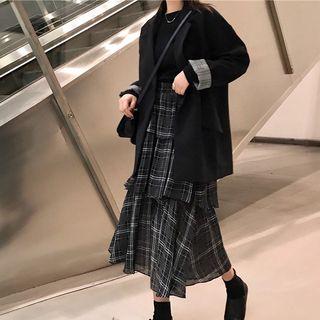 Boxy Blazer / Plaid Tiered Midi Skirt