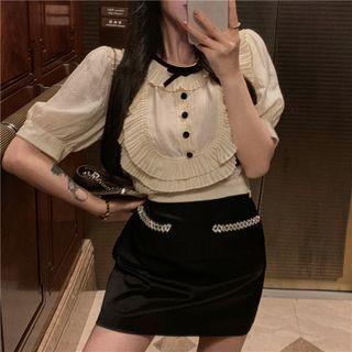Short-sleeve Ruffle Blouse / Rhinestone Mini Pencil Skirt