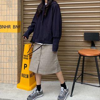 Drawstring Hoodie / Plaid A-line Skirt