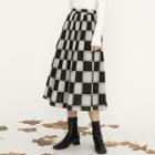 Elastic Waist Check A-line Skirt Black & White Check - One Size