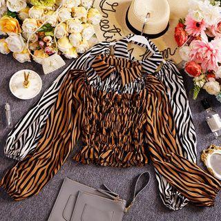 Zebra Print Crinkle Cropped Blouse