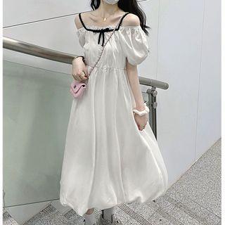 Cold-shoulder Bow Midi A-line Dress White - One Size