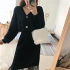 Furry Cardigan / Plain Turtleneck Long-sleeve Top / Mesh Skirt