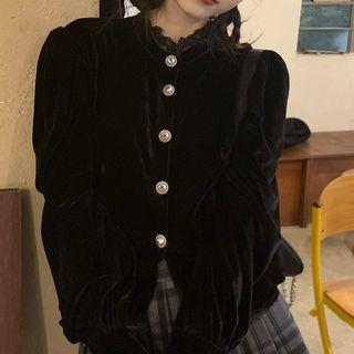 Lace Trim Velvet Button-up Blouse Black - One Size