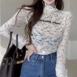 Mock-neck Lettering Lace Top