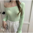 Long-sleeve Plain Top Green - One Size