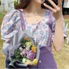 Short-sleeve Floral Print Blouse / Spaghetti Strap Midi Overall Dress