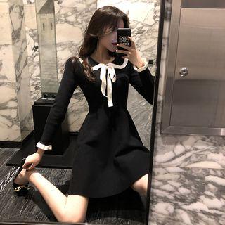 Color-block Long-sleeve A-line Dress Black - One Size