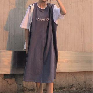 Mock Two-piece Short-sleeve Midi T-shirt Dress Ash Blue & White - One Size
