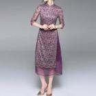 Elbow-sleeve Mandarin Collar Lace Dress