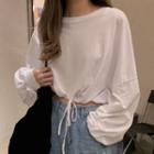 Long-sleeve Drawstring Hem Cropped T-shirt