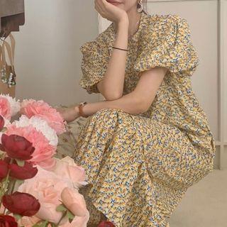 Puff-sleeve Floral Print Midi Mermaid Dress Yellow - One Size