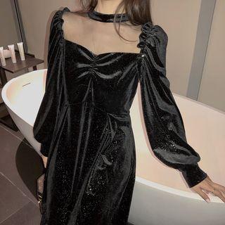 Lantern-sleeve Mesh Panel Midi Velvet Dress