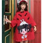 3/4-sleeve Cartoon Print Mini Dress