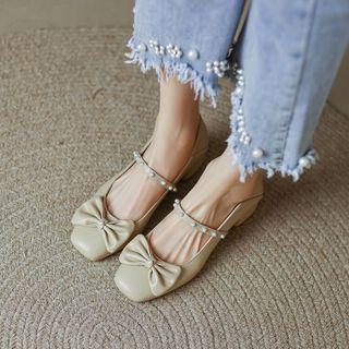 Ribbon Faux Pearl Flat Mary Jane Shoes