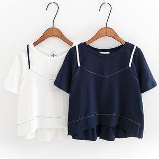 Mock Two Piece Ruffle Hem Cropped Short Sleeve T-shirt