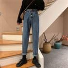 Buttoned High-waist Straight-leg Jeans