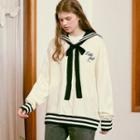 Sailor-collar Contrast-trim Cable-knit Sweater Ivory - One Size