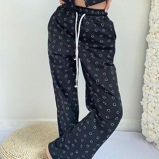 Smiley Face Print Loose-fit Wide-leg Pants