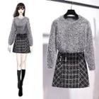 Faux Pearl Fluffy Sweater / Plaid Mini A-line Skirt / Set