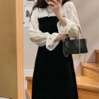 Long-sleeve Lace Panel Midi A-line Velvet Dress Black & White - One Size