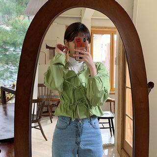 Frilled-neck Tie-front Shirred Blouse