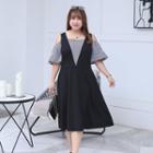 Mock Two-piece Cut Out Shoulder Elbow-sleeve Midi Dress