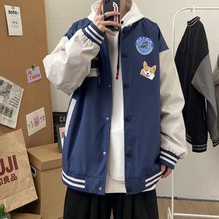 Two-tone Print Baseball Jacket