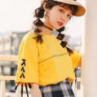Letter Embroidered Lace-up Elbow-sleeve T-shirt / Plaid Pleated Mini A-line Skirt