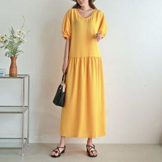 Puff-sleeve V-neck Shirred Maxi Dress