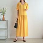 Puff-sleeve V-neck Shirred Maxi Dress