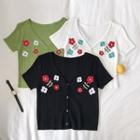 Picture Embroidered V-neck Single-breasted Knit Top