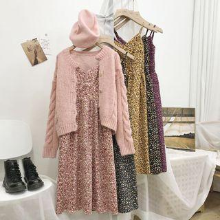 Floral Print Spaghetti-strap Midi A-line Corduroy Dress