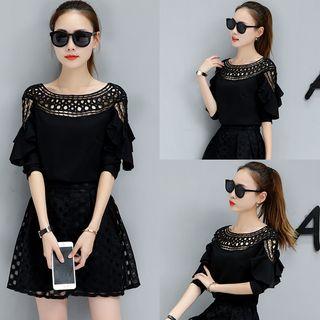 Long-sleeve Ruffle Crochet Panel Top / Skirt