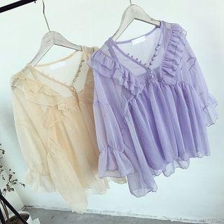 Frill Trim V-neck Elbow-sleeve Chiffon Top