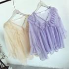 Frill Trim V-neck Elbow-sleeve Chiffon Top